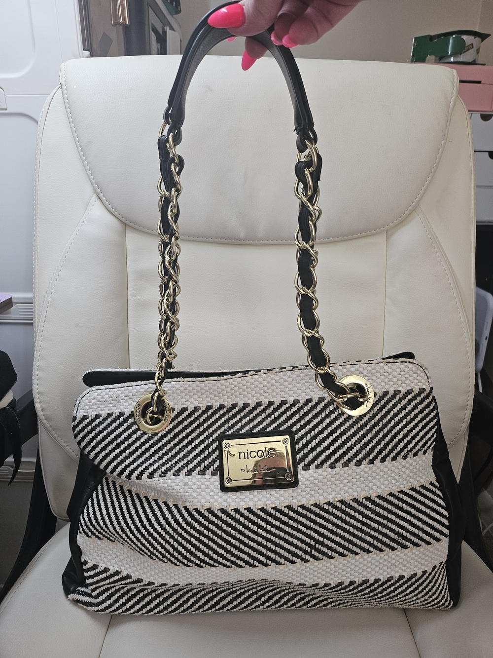 Nicole by Nicole Miller Black & White Striped Shoulder Bag with Gold Chain